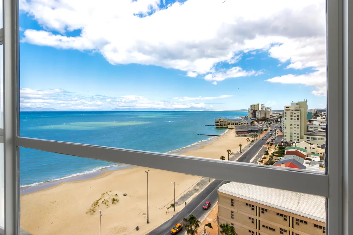 Elevated view of Strand Beach and False Bay from the eleventh floor